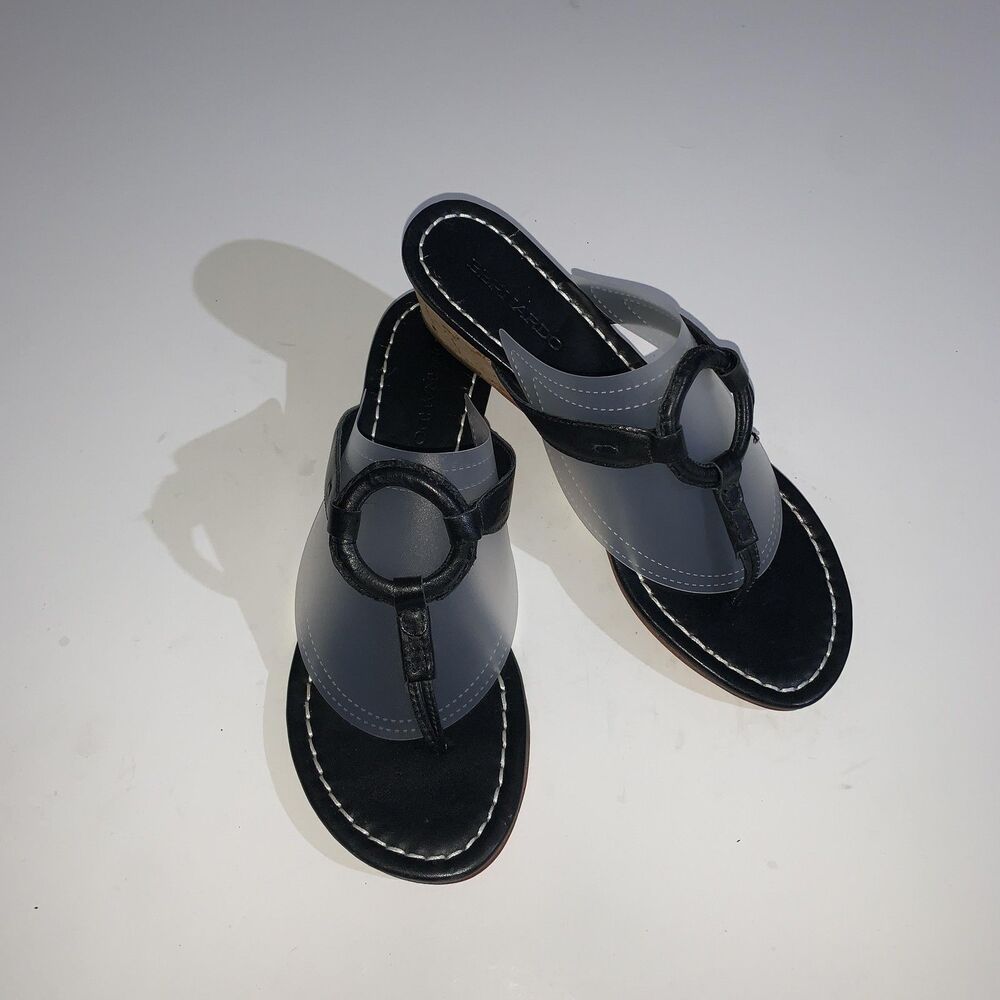 Bernardo Sandals Womens Size 9 Black Leather Thong Cork Wedge Slip On Medallion